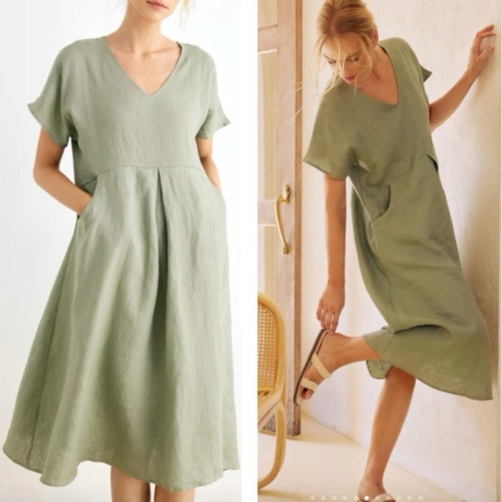 Grae Cove Sage Green 100% linen Ainsley Short Sleeve Dress boho Gypsy Lagenlook